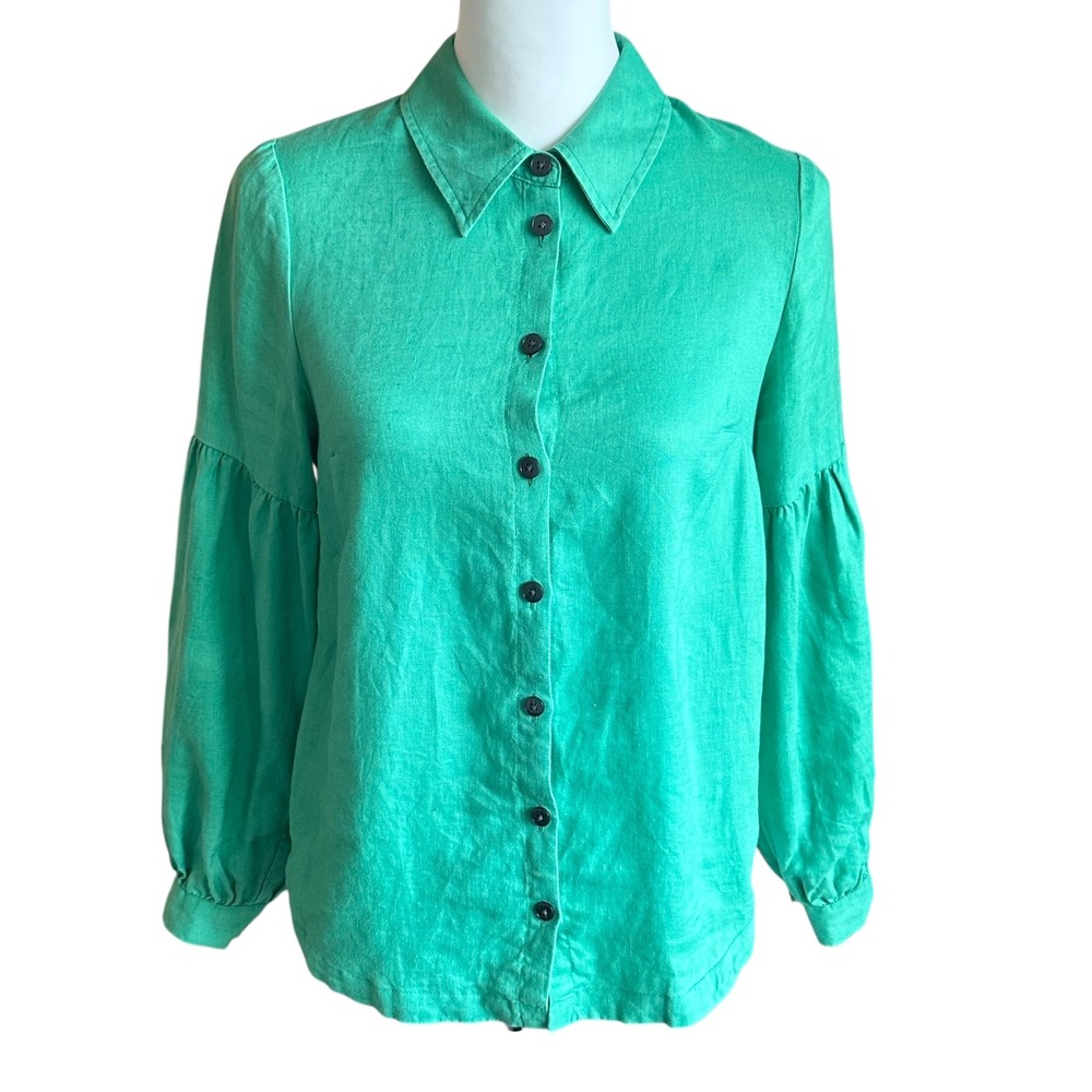Boden Blouse Size US 4P Green‎ Anna Blouson Linen Button Down Top Balloon Sleeve